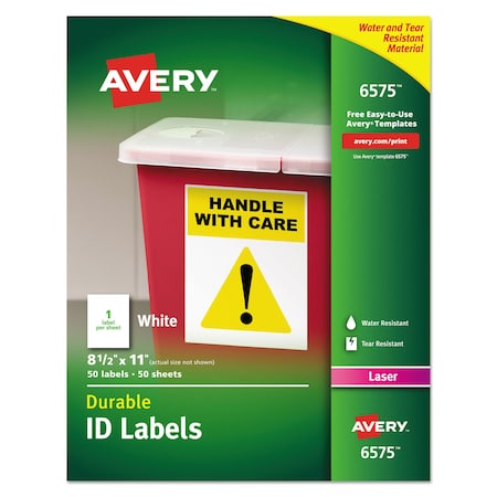 Avery Durable Permanent ID Labels, TrueBlock, Laser, 8.5 x 11, White, PK50 06575